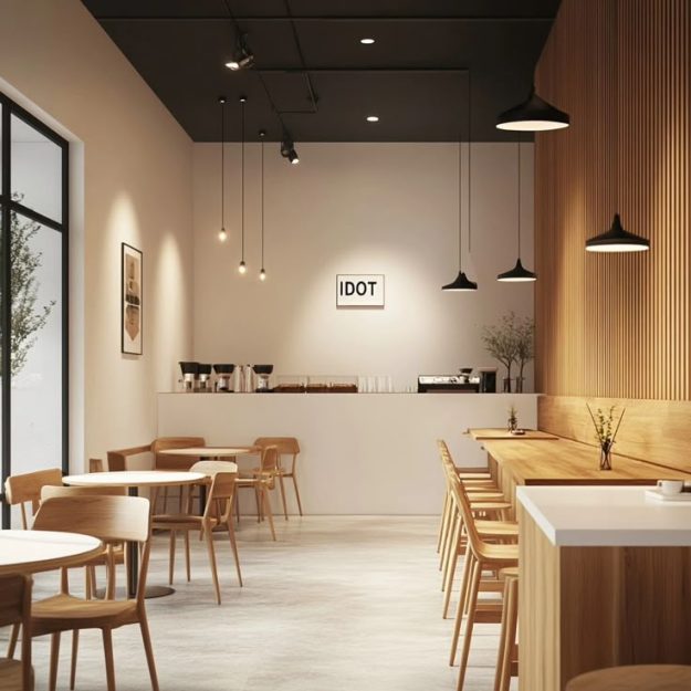 mẫu quán cà phê đẹp phong cách tối giản