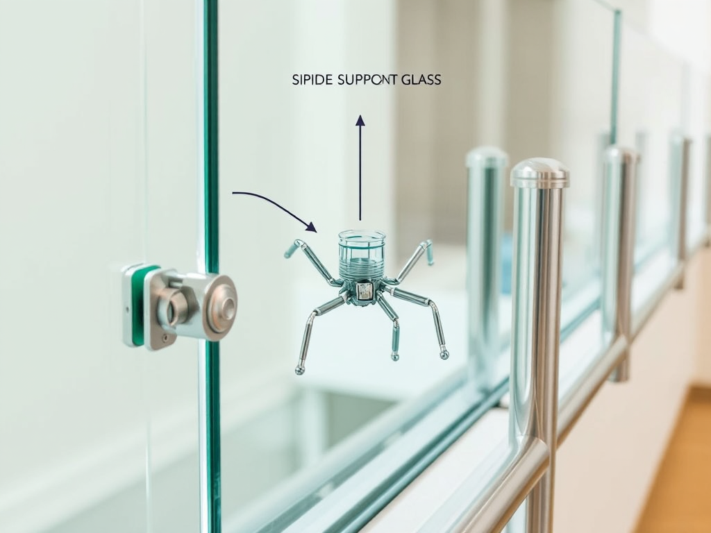 Ảnh cận cảnh ba kiểu neo lan can kính khác nhau: kẹp, chân nhện và trụ inox, minh họa các phương pháp thi công lan can kính an toàn.