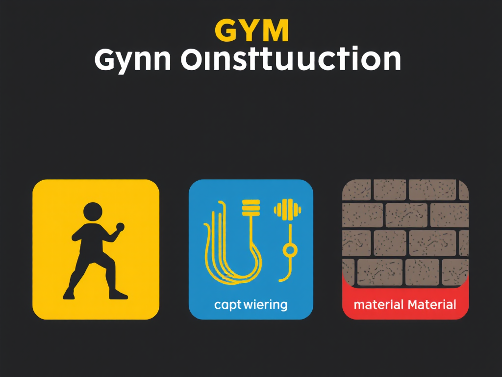 Ba biểu tượng minh họa **thi công phòng tập gym hiện đại**: tạ tập gym, sơ đồ điện, và vật liệu chống ồn, thể hiện ba yếu tố then chốt.
