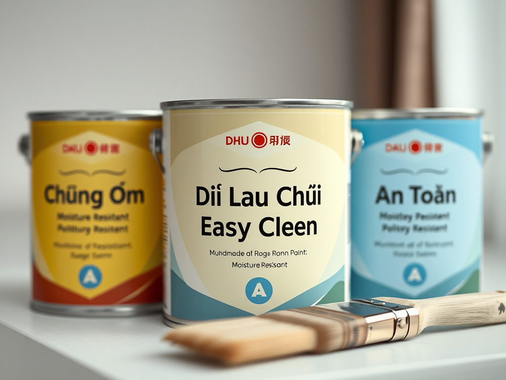Ba lon sơn nội thất với nhãn "Chống ẩm", "Dễ lau chùi", "An toàn" thể hiện lựa chọn sơn cho dịch vụ sơn hoàn thiện nội thất chất lượng cao.
