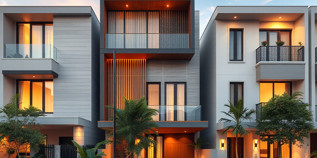 Ba ngôi nhà phố Việt Nam hiện đại với các kết cấu nhà phố phổ biến khác nhau, ánh sáng ấm áp buổi tối, cây xanh nhiệt đới.