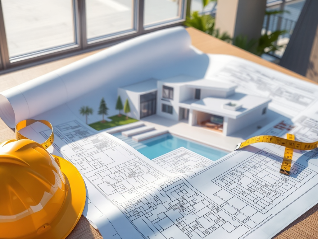 Bản vẽ thiết kế thi công hồ bơi gia đình năm 2026 với mũ bảo hộ và thước đo, thể hiện quy trình xin giấy phép.