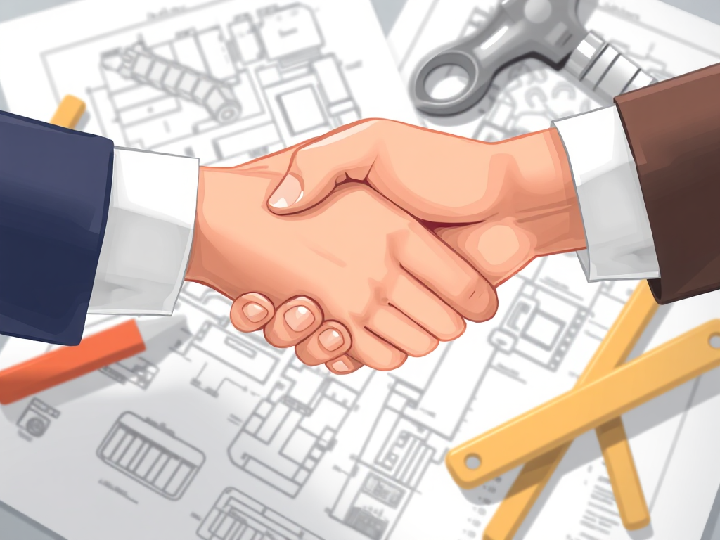 Bắt tay hợp tác giữa hai bên trên bản vẽ xây dựng, thể hiện sự hợp tác nhà thầu phụ hiệu quả và chuyên nghiệp trong dự án.