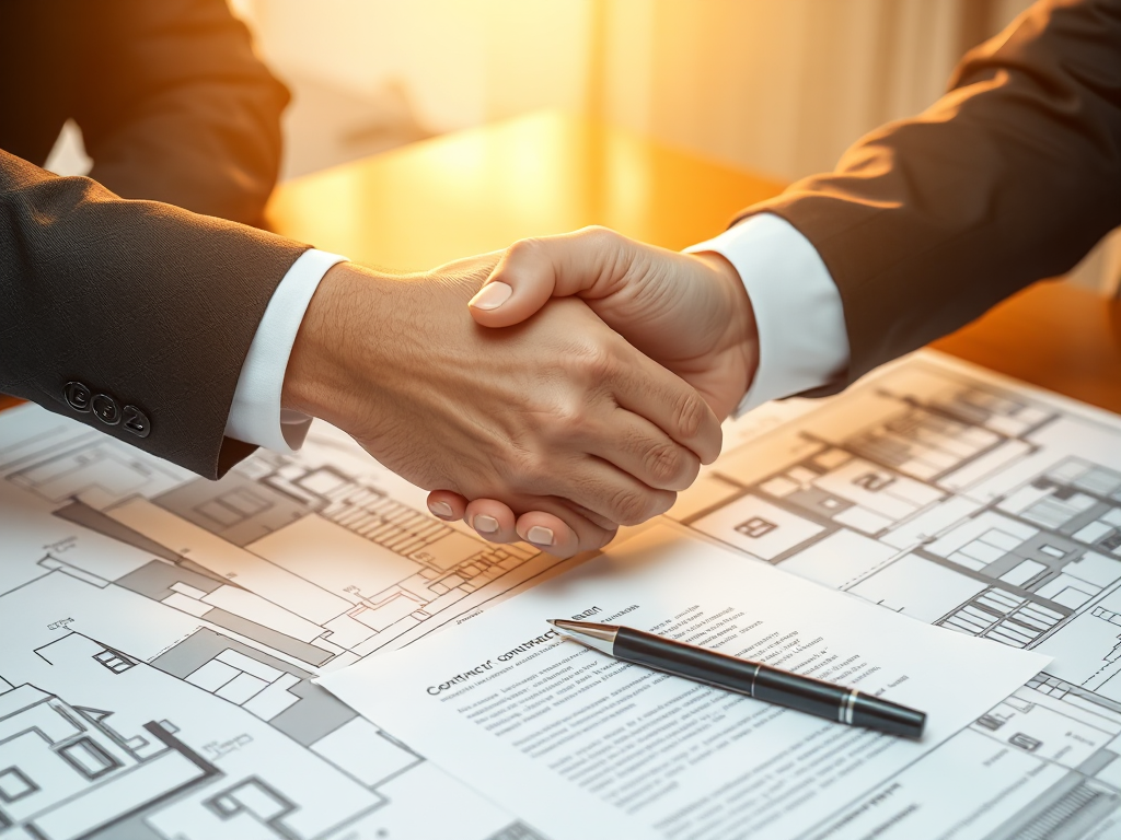 Bắt tay hợp tác trên bản vẽ xây dựng, tượng trưng cho "Mẫu hợp đồng thi công xây dựng nhà ở cập nhật 2026", đảm bảo pháp lý và uy tín.