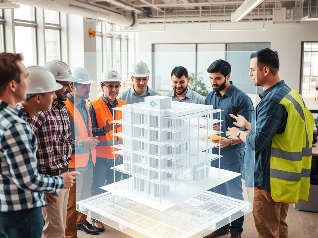 Các kiến trúc sư và kỹ sư xây dựng thảo luận về mô hình BIM 3D của dự án, thể hiện ứng dụng BIM trong quản lý dự án hiệu quả. Các kiến trúc sư và kỹ sư xây dựng thảo luận về mô hình BIM 3D của dự án, thể hiện ứng dụng BIM trong quản lý dự án hiệu quả.
