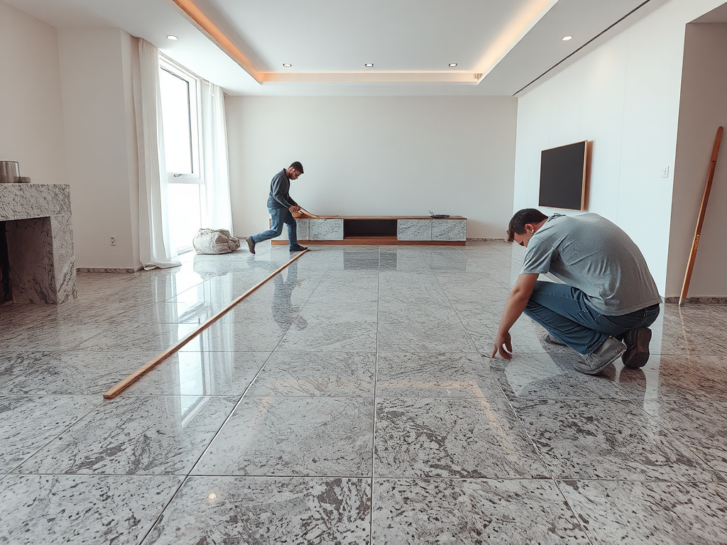 Công nhân đang thi công lát đá granite trong phòng khách hiện đại, chuẩn bị bề mặt và căn chỉnh mạch ron tỉ mỉ. Công nhân đang thi công lát đá granite trong phòng khách hiện đại, chuẩn bị bề mặt và căn chỉnh mạch ron tỉ mỉ.