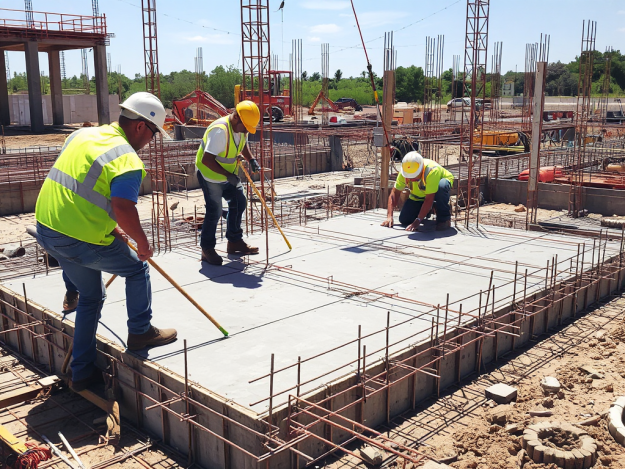 Công nhân đang **thi công sàn giả đúc trọn gói**, lắp đặt cốt thép và ván khuôn tạo nên sàn bê tông vững chắc trên công trường xây dựng.