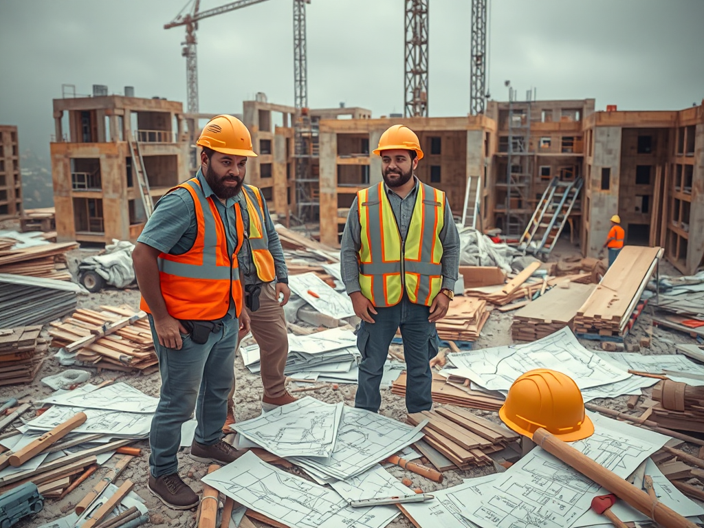 Công nhân xây dựng căng thẳng, bực bội giữa bản vẽ và vật liệu ngổn ngang tại công trình thi công khách sạn mini, thể hiện sự hỗn loạn và vấn đề phát sinh.