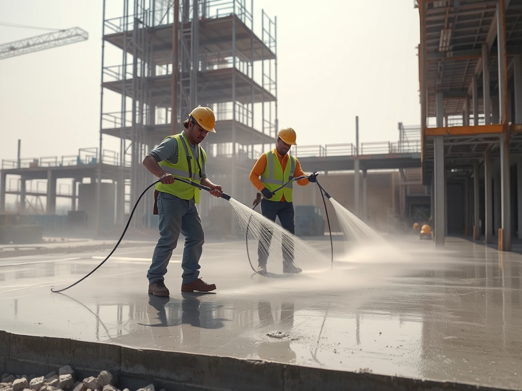 Công nhân xây dựng đang phun sương bảo dưỡng bê tông mới đổ trên công trường. Hình ảnh minh họa cho quy trình **thi công bê tông cốt thép tại công trường**.