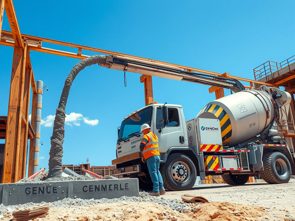 Công nhân xây dựng đang thi công đổ bê tông bằng máy bơm tại công trường, đảm bảo an toàn và hiệu quả, trời xanh. Công nhân xây dựng đang thi công đổ bê tông bằng máy bơm tại công trường, đảm bảo an toàn và hiệu quả, trời xanh.