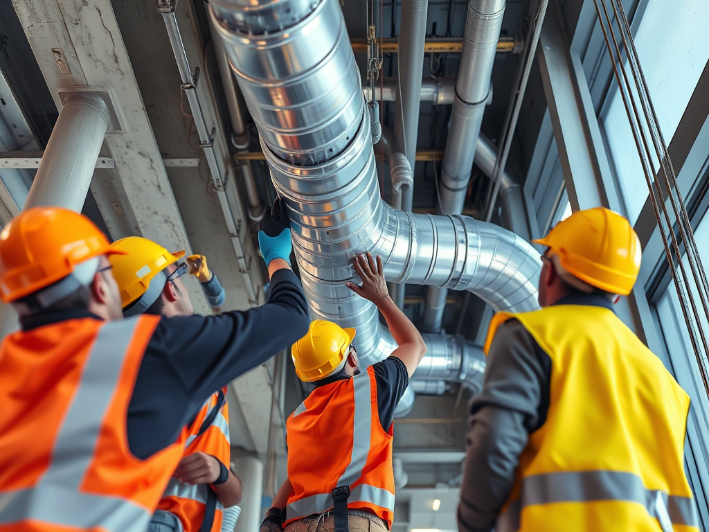 Công nhân xây dựng đang thi công hệ thống hút khói trong tòa nhà cao tầng, đảm bảo tiêu chuẩn PCCC, tập trung vào ống thông gió. Công nhân xây dựng đang thi công hệ thống hút khói trong tòa nhà cao tầng, đảm bảo tiêu chuẩn PCCC, tập trung vào ống thông gió.