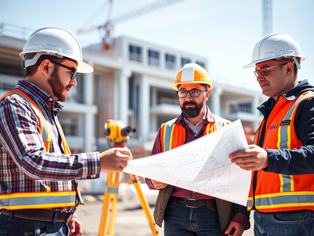 Công nhân xây dựng đang xem xét bản vẽ kỹ thuật trên công trường, mũ bảo hộ, thiết bị đo đạc, thể hiện quy trình nghiệm thu khối lượng thi công xây dựng.