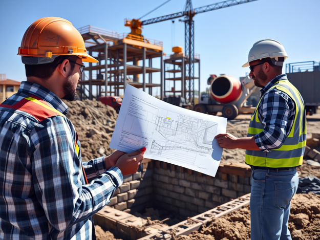 Công nhân xây dựng kiểm tra chất lượng móng công trình, bản vẽ kỹ thuật trên tay, cần cẩu phía sau, thể hiện quy trình giám sát chất lượng công trình. Công nhân xây dựng kiểm tra chất lượng móng công trình, bản vẽ kỹ thuật trên tay, cần cẩu phía sau, thể hiện quy trình giám sát chất lượng công trình.
