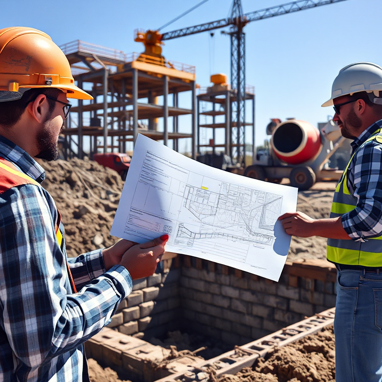 Công nhân xây dựng kiểm tra chất lượng móng công trình, bản vẽ kỹ thuật trên tay, cần cẩu phía sau, thể hiện quy trình giám sát chất lượng công trình.
