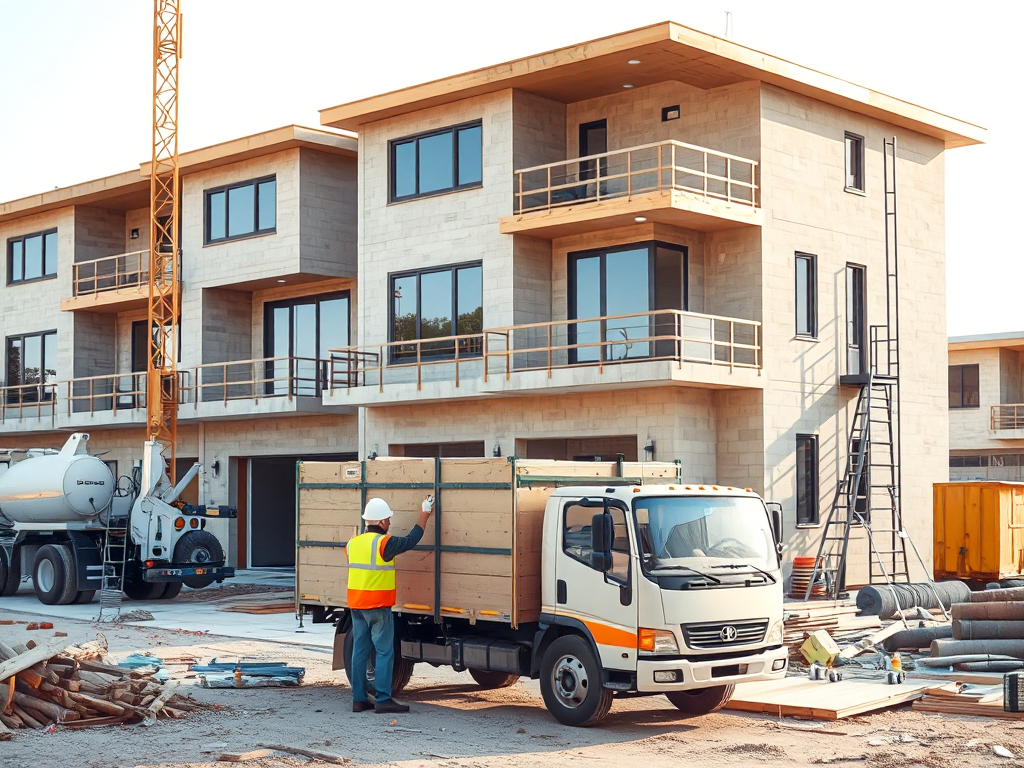 Công nhân xây dựng nhà phố hiện đại, thể hiện **tối ưu hóa nguồn lực thi công**, vật liệu được sắp xếp khoa học, xe tải vận chuyển vật tư đến công trình.