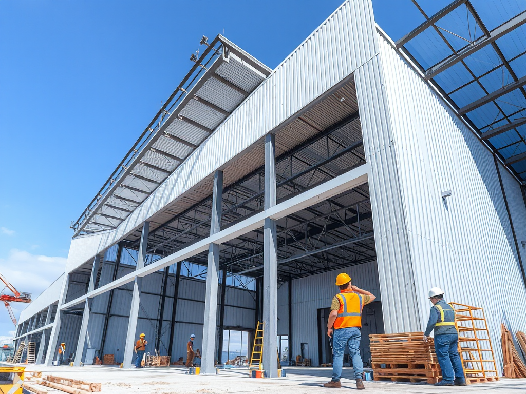 Công nhân xây dựng nhà xưởng công nghiệp 2026 bằng vật liệu mới, thiết kế hiện đại, sáng sủa, cho thấy giải pháp xây dựng tối ưu và bền vững.