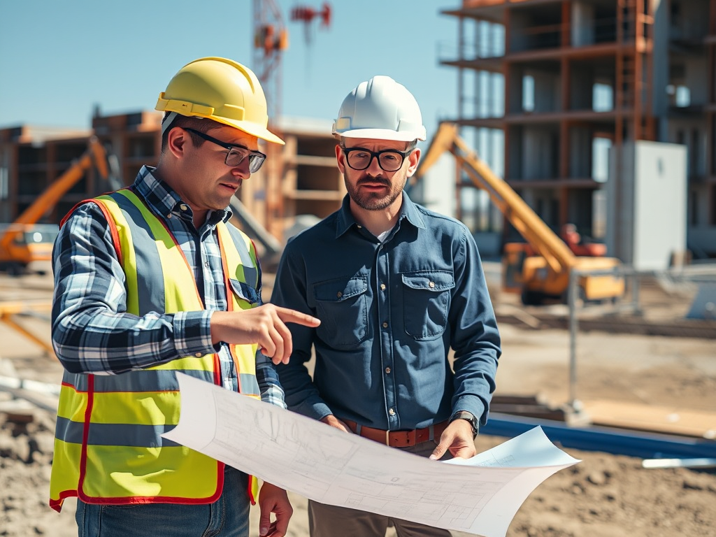 Công nhân xây dựng xem xét bản vẽ công trình, thảo luận về chi tiết kỹ thuật, minh họa cho **cách chọn nhà thầu xây dựng uy tín**, kinh nghiệm thực tế.
