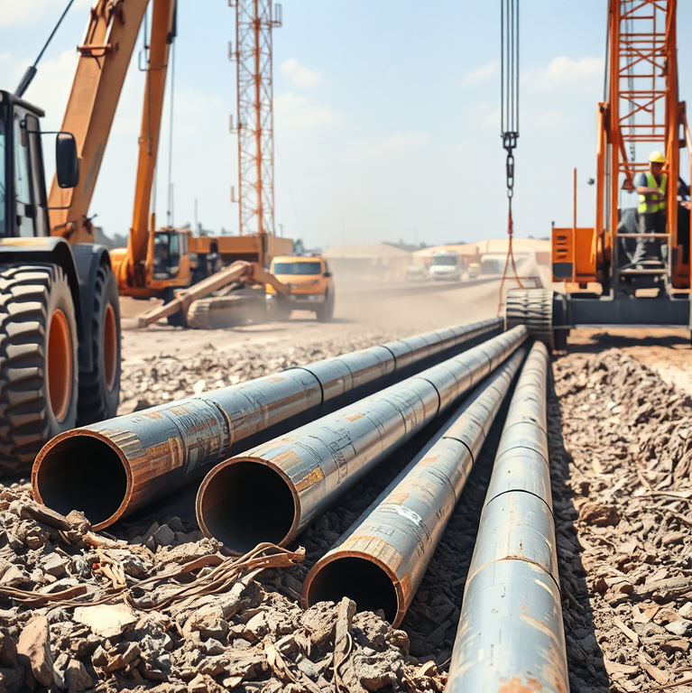 Công trình xây dựng sử dụng cừ Larsen để gia cố móng, máy móc thi công và công nhân làm việc, giải pháp thi công gia cố móng bằng cừ larsen cho công trình lớn.
