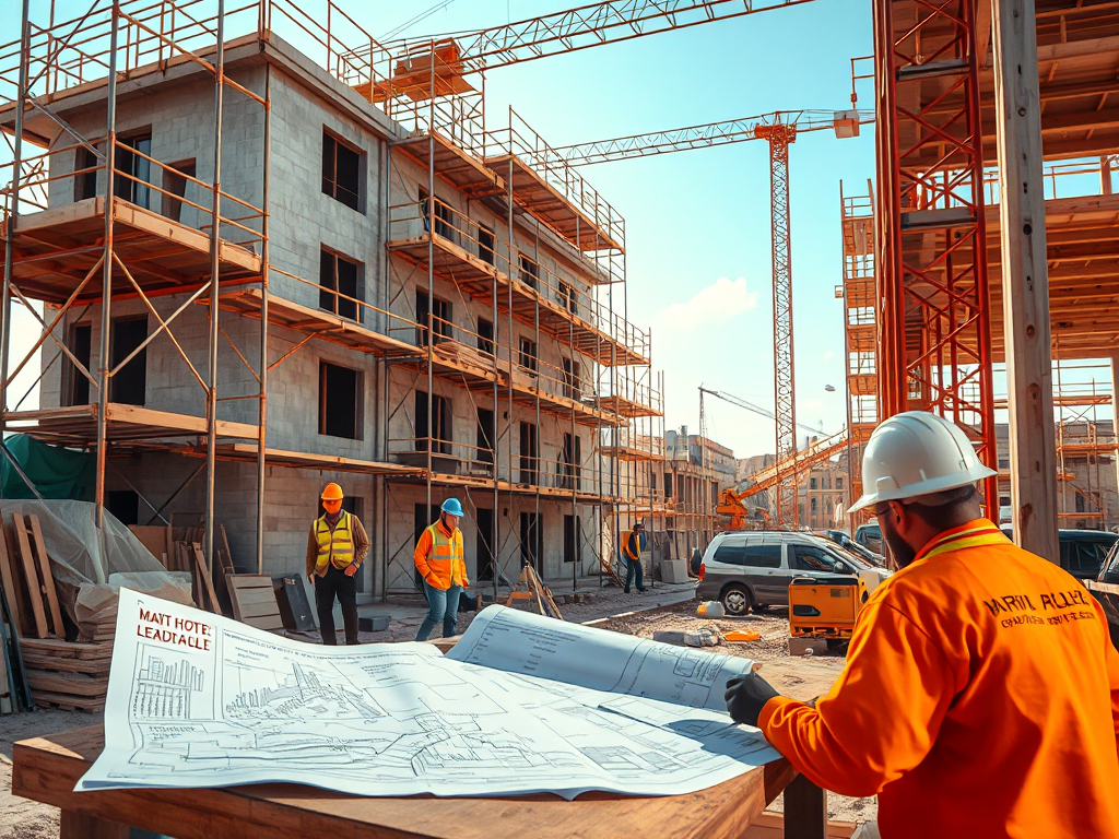 Công trường đang thi công khách sạn mini với công nhân, giàn giáo và bản vẽ, thể hiện tiến độ xây dựng theo kế hoạch.