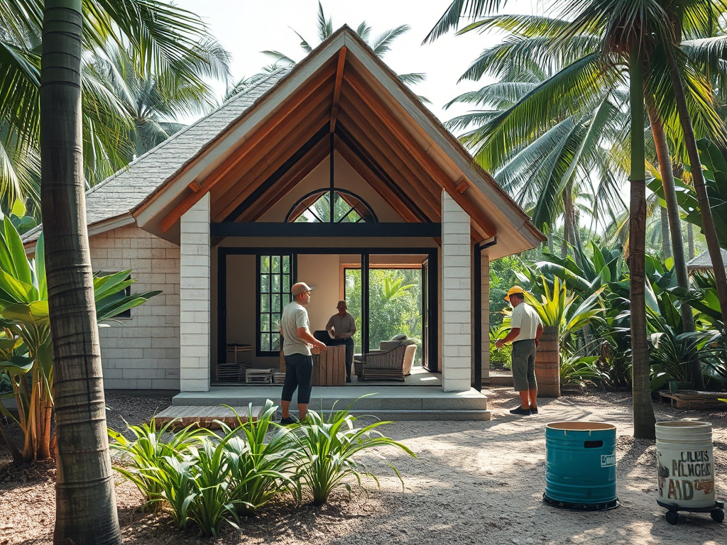 Công trường **thi công bungalow cho khu nghỉ dưỡng** với vật liệu xanh như tre và gỗ tái chế, thể hiện giải pháp xây dựng bền vững và thân thiện môi trường.