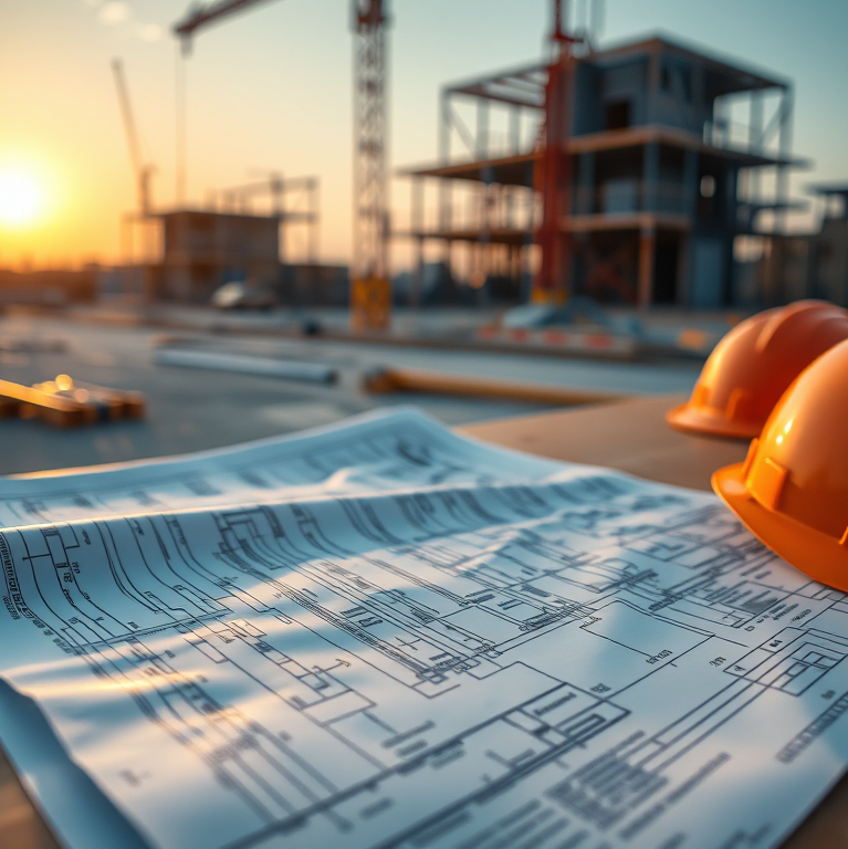 Công trường xây dựng với bản vẽ kỹ thuật, mũ bảo hộ và áo phản quang; thể hiện quy trình thi công hồ sơ nghiệm thu xây dựng.