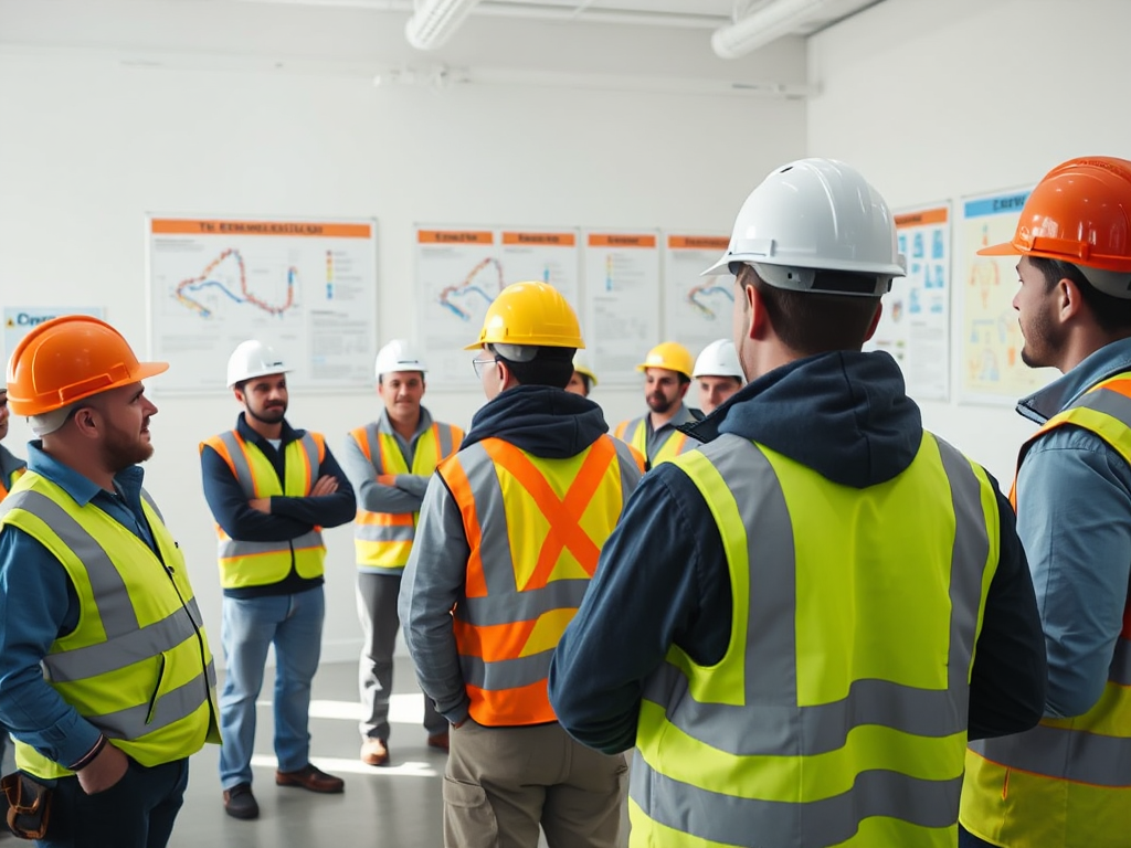 Đào tạo biện pháp an toàn lao động trong xây dựng: Công nhân xây dựng tham gia khóa huấn luyện với giảng viên, minh họa cho thông tư mới nhất về an toàn. Đào tạo biện pháp an toàn lao động trong xây dựng: Công nhân xây dựng tham gia khóa huấn luyện với giảng viên, minh họa cho thông tư mới nhất về an toàn.