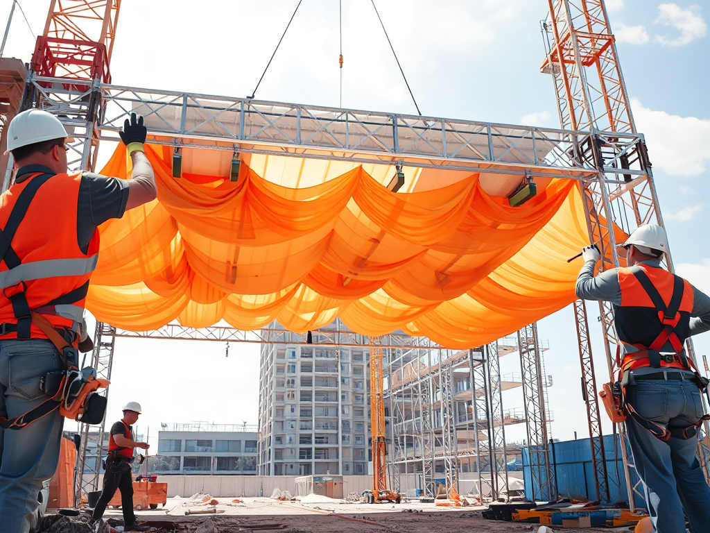 Đội ngũ công nhân đang thi công cổng chào sự kiện lớn, sử dụng biện pháp cố định an toàn, đảm bảo cấu trúc vững chắc, ánh sáng ban ngày.