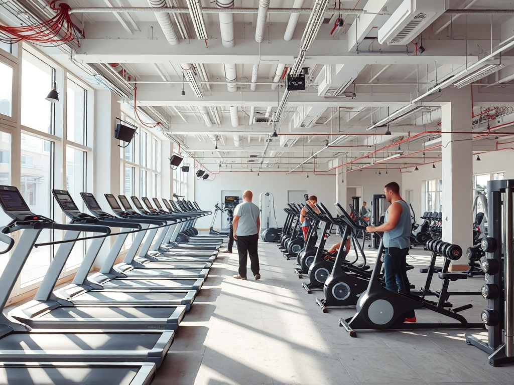 Đội ngũ KhaiFu đang *thi công phòng tập gym hiện đại* với hệ thống điện, máy móc tập luyện, tạo không gian chuyên nghiệp và tiện nghi.