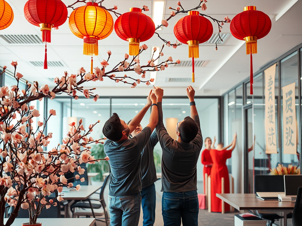 Đội ngũ KhaiFu thi công trang trí Tết cho văn phòng, treo đèn lồng đỏ, cành đào, câu đối, tạo không khí ấm cúng và chuyên nghiệp.