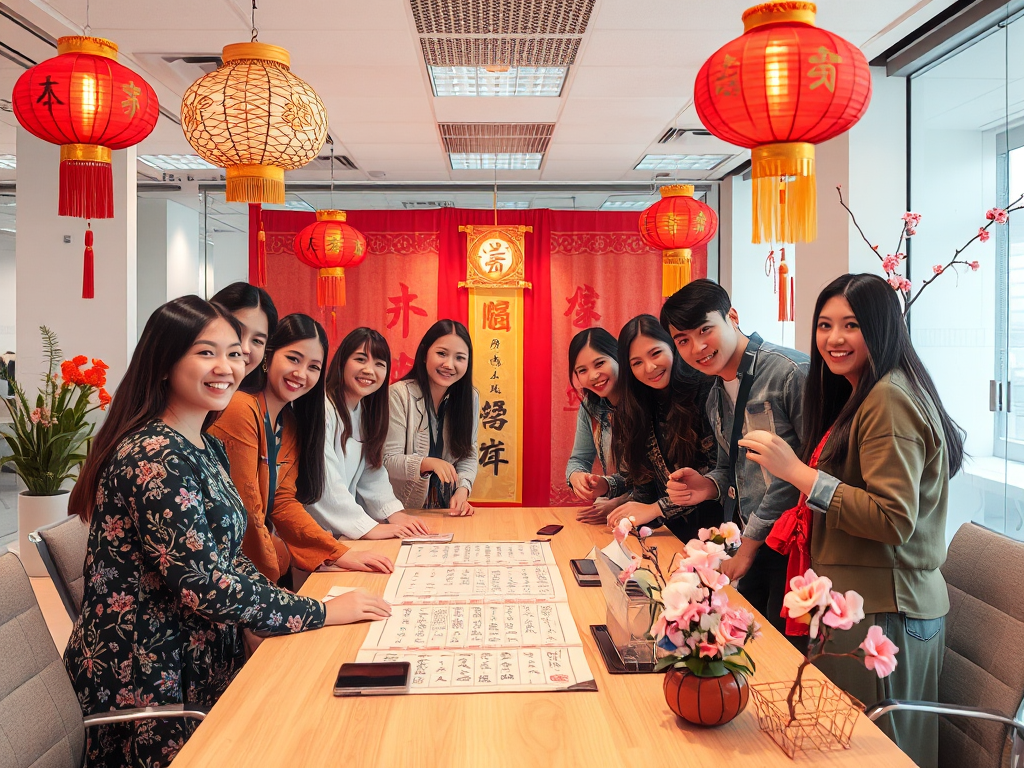 Đội ngũ nhân viên trang trí Tết cho văn phòng, treo đèn lồng, câu đối đỏ và hoa đào, thể hiện sự chuẩn bị thi công trang trí tết văn phòng chu đáo.