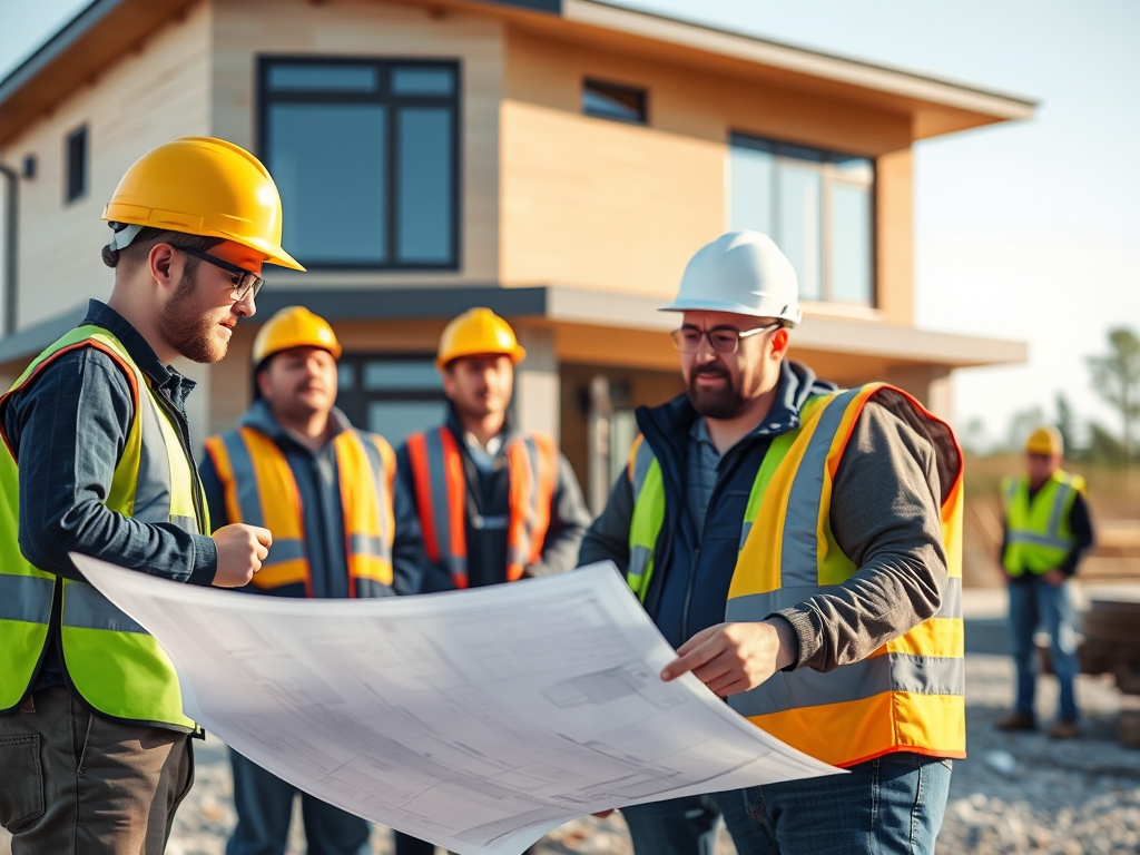 Đội ngũ quản lý dự án và công nhân xây dựng xem xét bản vẽ, ngôi nhà hiện đại đang xây dựng, minh họa cho **tối ưu chi phí xây dựng nhà ở**.