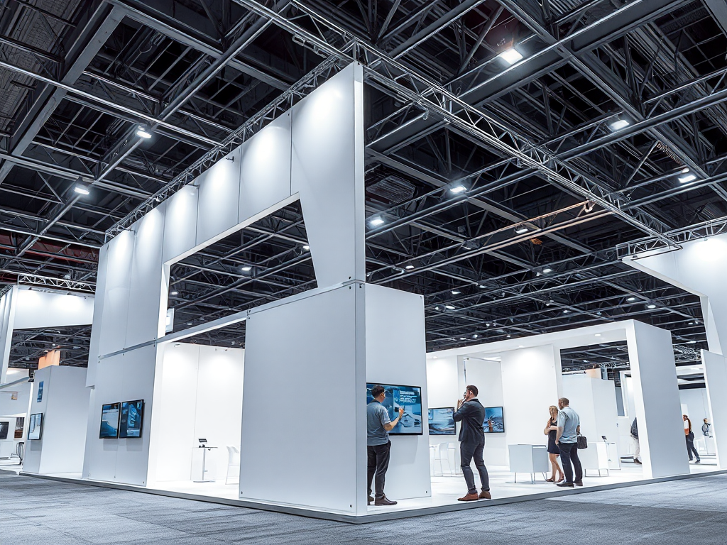 Đội ngũ thi công gian hàng triển lãm ấn tượng KhaiFu lắp ráp booth modular hiện đại tại trung tâm triển lãm, ánh sáng tốt, không gian chuyên nghiệp.
