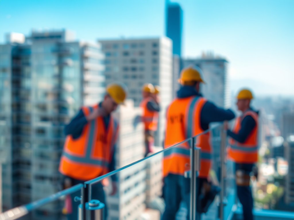 Đội ngũ thi công lan can kính chuyên nghiệp đang lắp đặt lan can tại công trình xây dựng, đảm bảo an toàn và chất lượng.