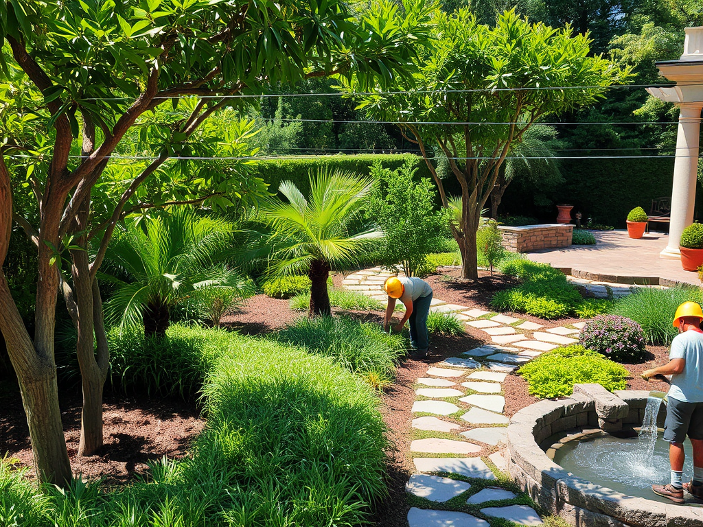 Đội ngũ thi công sân vườn biệt thự chuyên nghiệp đang tạo cảnh quan xanh mát với cây cối, lối đi đá và hồ nước phong thủy. Đội ngũ thi công sân vườn biệt thự chuyên nghiệp đang tạo cảnh quan xanh mát với cây cối, lối đi đá và hồ nước phong thủy.