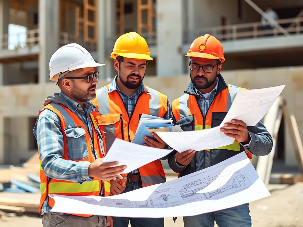 Đội xây dựng xem xét bản vẽ và mẫu vật liệu tại công trường, thể hiện việc **tối ưu chi phí xây dựng nhà ở** mà vẫn đảm bảo chất lượng công trình.