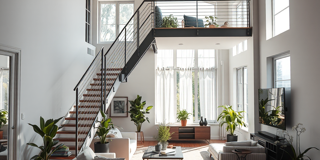 Gác lửng đẹp mắt trong phòng khách sáng sủa, thiết kế hiện đại với cầu thang gỗ. Liên hệ thi công gác lửng giá tốt để có không gian sống tiện nghi. Gác lửng đẹp mắt trong phòng khách sáng sủa, thiết kế hiện đại với cầu thang gỗ. Liên hệ thi công gác lửng giá tốt để có không gian sống tiện nghi.
