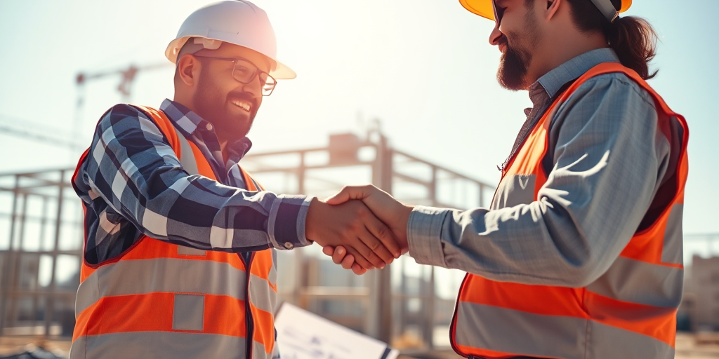 Hai công nhân xây dựng bắt tay hợp tác trên công trường, bản vẽ kỹ thuật phía sau, thể hiện sự hợp tác nhà thầu phụ hiệu quả trong dự án.