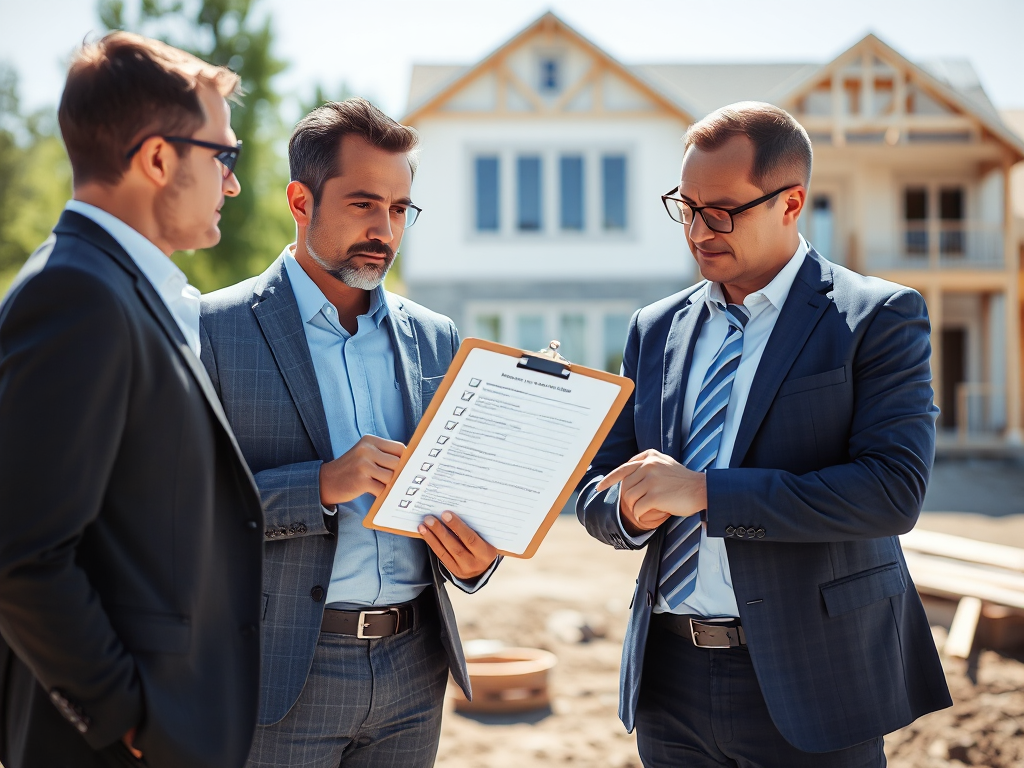 Hai người đang xem xét bảng checklist trên công trường xây dựng, ngôi nhà đang xây dang dở phía sau, minh họa cho cách chọn nhà thầu xây dựng uy tín.