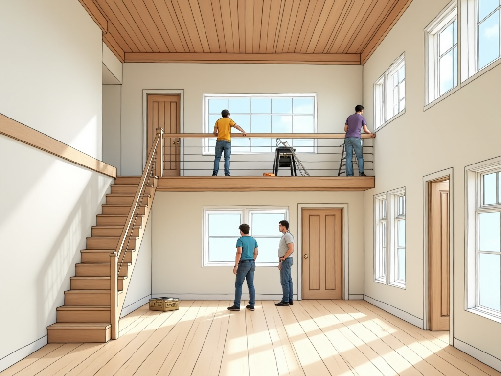 Hình ảnh gác lửng mới xây trong nhà, đội thợ đang hoàn thiện. Minh họa kiến trúc cho dịch vụ liên hệ thi công gác lửng giá tốt năm 2026. Hình ảnh gác lửng mới xây trong nhà, đội thợ đang hoàn thiện. Minh họa kiến trúc cho dịch vụ liên hệ thi công gác lửng giá tốt năm 2026.