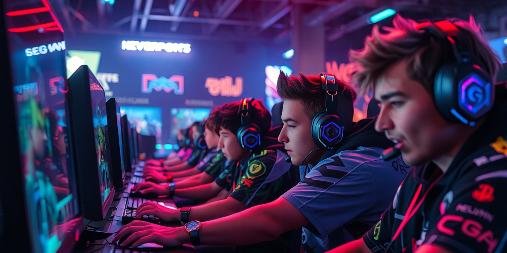 Hình ảnh phòng game hiện đại với game thủ đang thi đấu, ánh sáng neon rực rỡ, thể hiện sự chuyên nghiệp trong thi công phòng game và thiết kế trải nghiệm. Hình ảnh phòng game hiện đại với game thủ đang thi đấu, ánh sáng neon rực rỡ, thể hiện sự chuyên nghiệp trong thi công phòng game và thiết kế trải nghiệm.