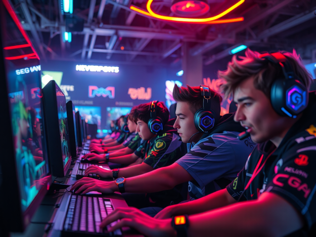 Hình ảnh phòng game hiện đại với game thủ đang thi đấu, ánh sáng neon rực rỡ, thể hiện sự chuyên nghiệp trong thi công phòng game và thiết kế trải nghiệm.