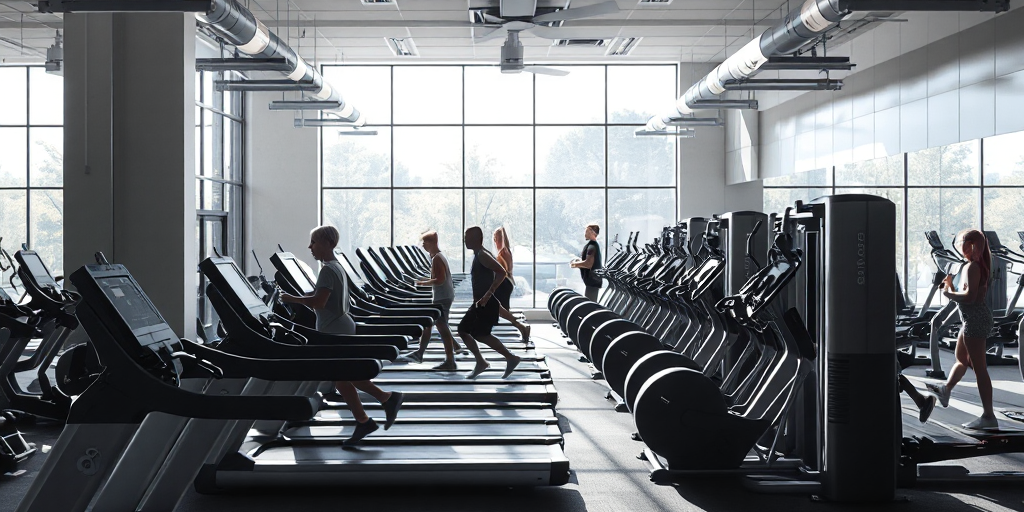 Hình ảnh phòng tập gym hiện đại với nhiều thiết bị, ánh sáng tự nhiên và người tập luyện. Dịch vụ thi công phòng tập gym chuyên nghiệp.