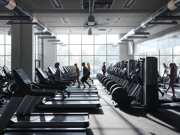 Hình ảnh phòng tập gym hiện đại với nhiều thiết bị, ánh sáng tự nhiên và người tập luyện. Dịch vụ thi công phòng tập gym chuyên nghiệp.