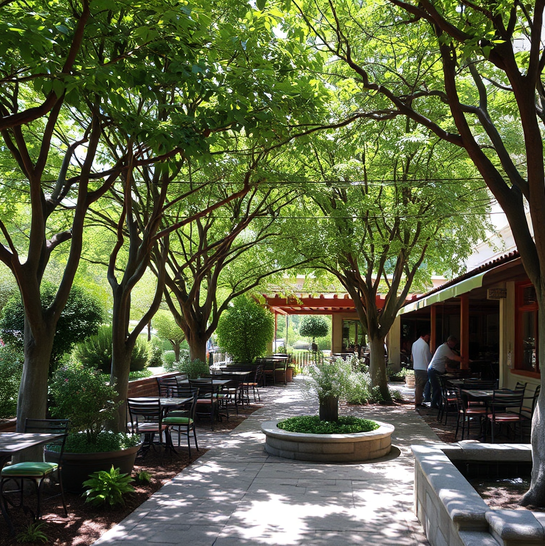 Hình ảnh quán cafe sân vườn xanh mát với bàn ghế gỗ, cây cối um tùm và lối đi lát đá, thể hiện thi công quán cafe sân vườn chuyên nghiệp.