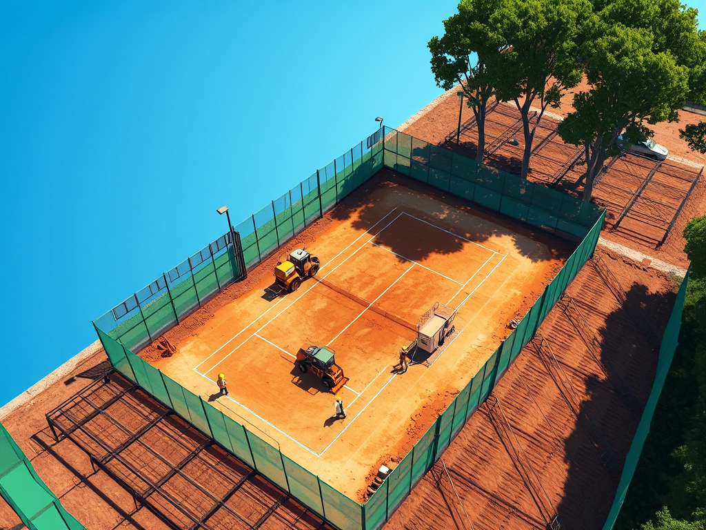 Hình ảnh thi công sân tennis tiêu chuẩn: công nhân và máy móc đang làm phẳng nền đất, hàng rào xanh bao quanh, trời xanh quang đãng.