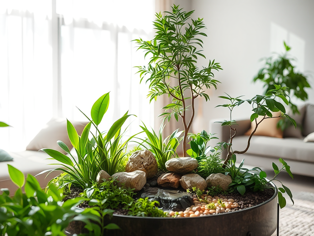 Hình ảnh thi công tiểu cảnh trong nhà với cây xanh, đá trang trí và hồ nước nhỏ, tạo không gian sống xanh mát và thư giãn.