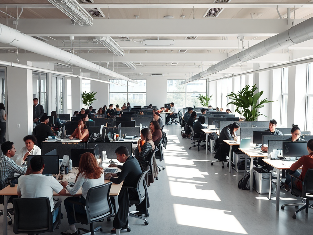 Hình ảnh thi công văn phòng làm việc hiện đại với không gian làm việc chung (coworking) và bàn làm việc linh hoạt, thể hiện sự năng động và tiện nghi.