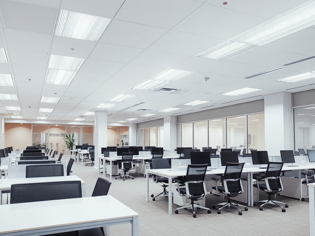 Hình ảnh văn phòng làm việc hiện đại với thiết kế chiếu sáng đạt tiêu chuẩn 500 lux, nội thất linh hoạt và không gian mở, lý tưởng cho thi công văn phòng.