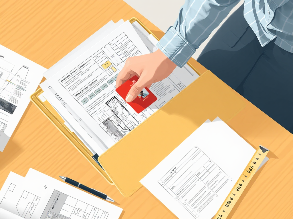 Hồ sơ xin giấy phép xây dựng nhà phố, bao gồm bản vẽ thiết kế, đơn xin phép, giấy tờ tùy thân, được sắp xếp gọn gàng trên bàn làm việc.