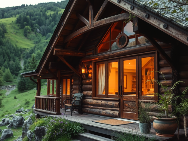 Homestay gỗ ấm cúng giữa thung lũng xanh mướt, ánh sáng vàng dịu từ cửa sổ, thể hiện kỹ thuật thi công homestay gỗ tỉ mỉ và vẻ đẹp thẩm mỹ.